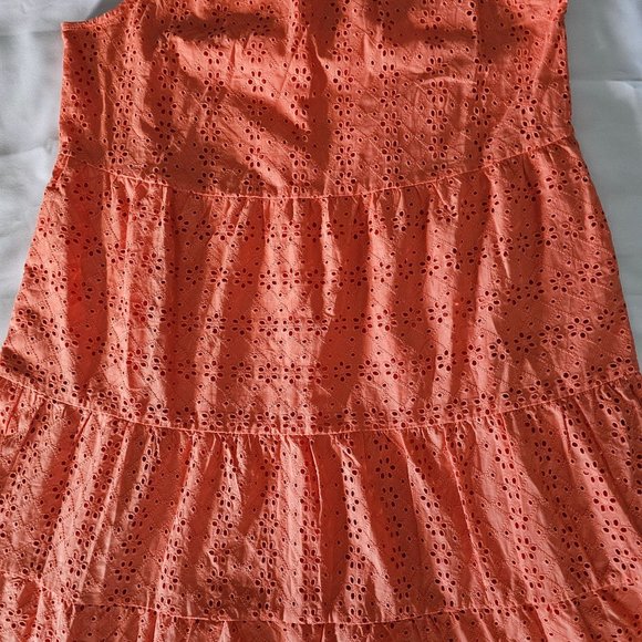 LOFT Women's Lively Coral Ruffled Neck Eyelet Tiered Swing Dress Size Medium NWT - Picture 7 of 11